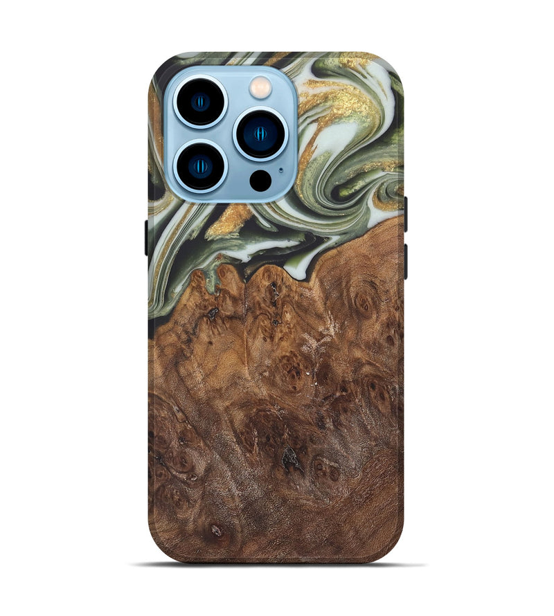 iPhone 14 Pro Wood Live Edge Phone Case - Malcom (Teal & Gold, 744381)