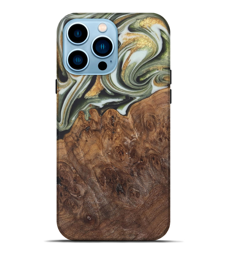 iPhone 14 Pro Max Wood Live Edge Phone Case - Malcom (Teal & Gold, 744381)