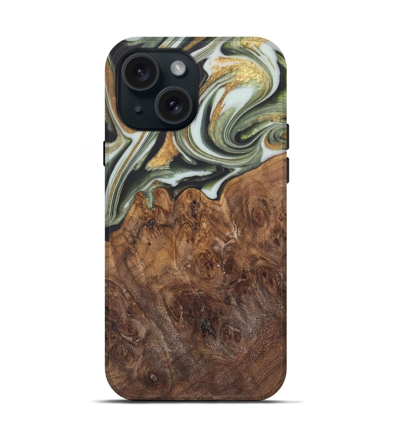 iPhone 15 Wood Live Edge Phone Case - Malcom (Teal & Gold, 744381)