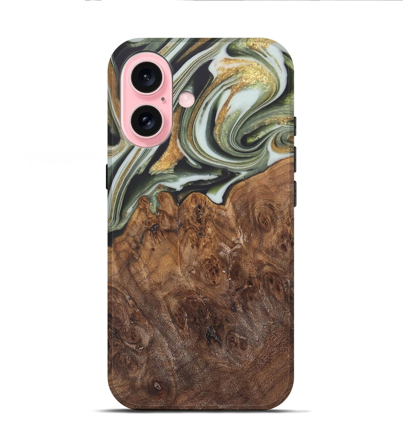 iPhone 16 Wood Live Edge Phone Case - Malcom (Teal & Gold, 744381)