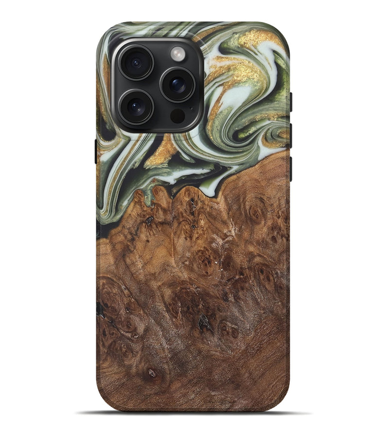 iPhone 16 Pro Max Wood Live Edge Phone Case - Malcom (Teal & Gold, 744381)