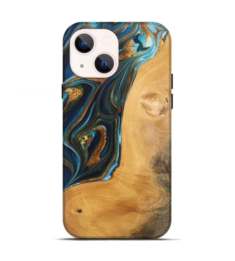 iPhone 13 Wood Live Edge Phone Case - Rosy (Teal & Gold, 744383)