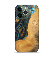 iPhone 13 Pro Wood Live Edge Phone Case - Rosy (Teal & Gold, 744383)