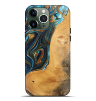 iPhone 13 Pro Max Wood Live Edge Phone Case - Rosy (Teal & Gold, 744383)