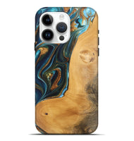 iPhone 15 Pro Max Wood Live Edge Phone Case - Rosy (Teal & Gold, 744383)