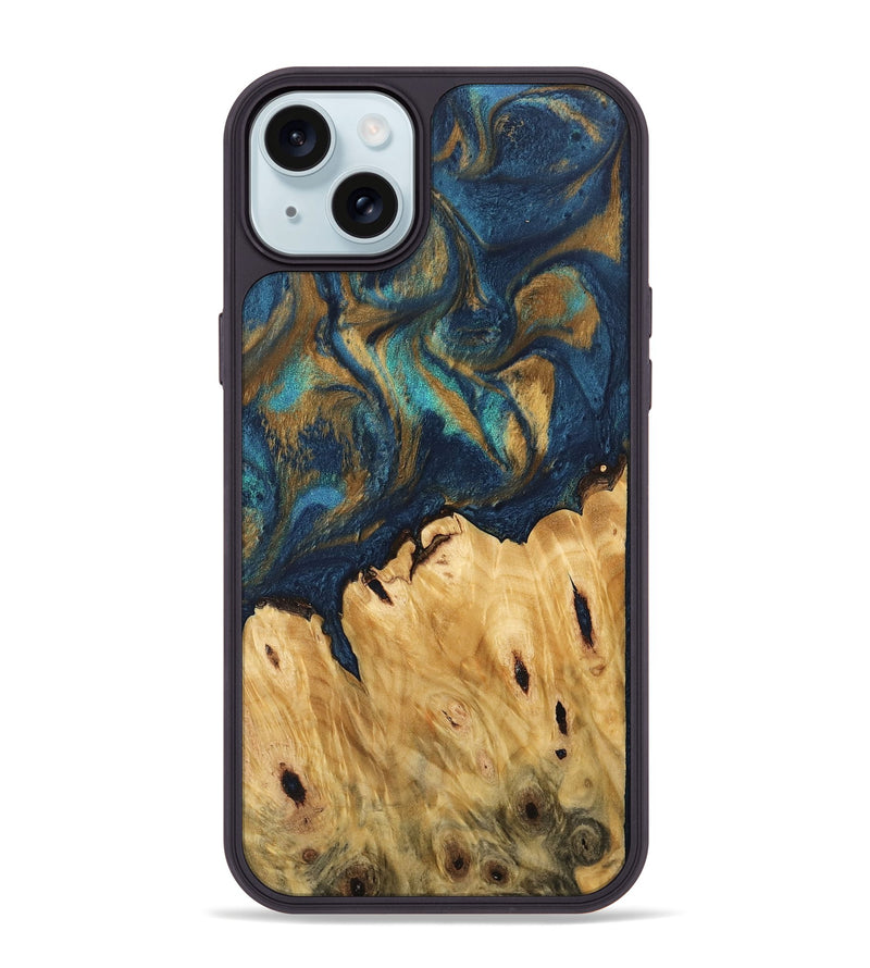 iPhone 15 Plus Wood Phone Case - Teca (Teal & Gold, 744393)