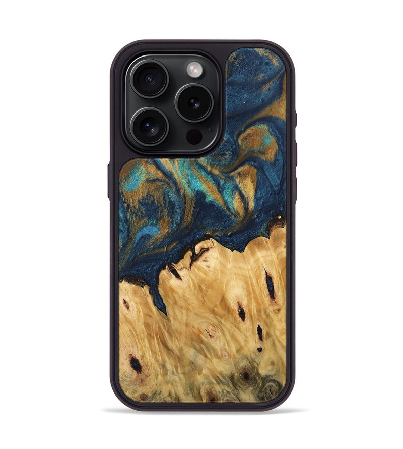 iPhone 15 Pro Wood Phone Case - Teca (Teal & Gold, 744393)