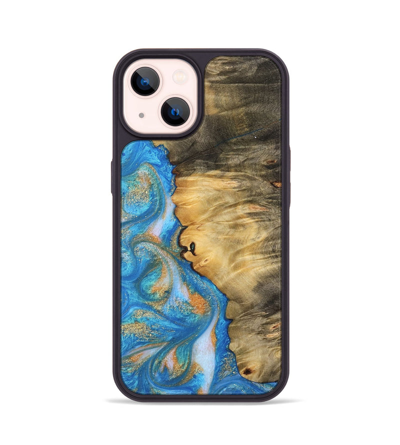 iPhone 14 Wood Phone Case - Enis (Teal & Gold, 744424)