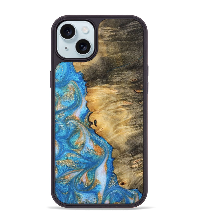 iPhone 15 Plus Wood Phone Case - Enis (Teal & Gold, 744424)