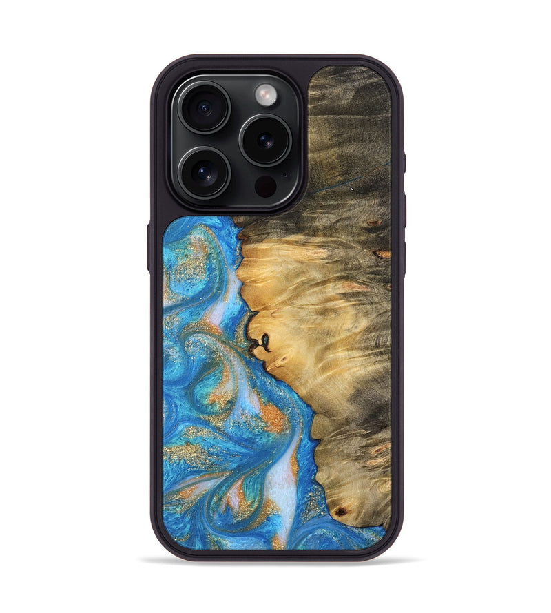 iPhone 15 Pro Wood Phone Case - Enis (Teal & Gold, 744424)