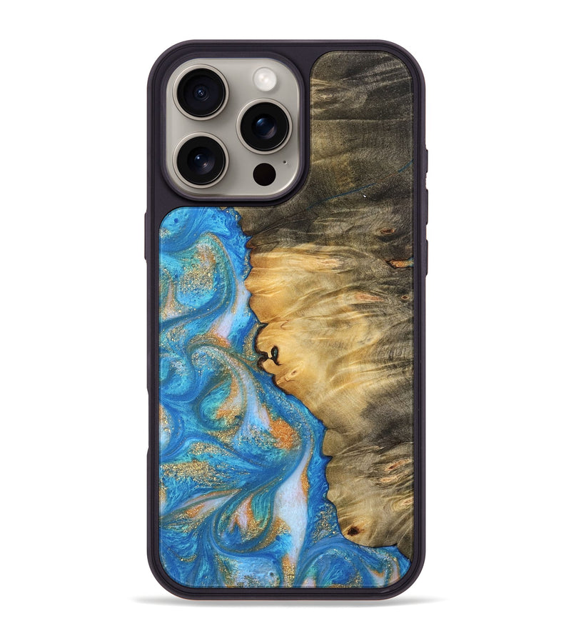 iPhone 16 Pro Max Wood Phone Case - Enis (Teal & Gold, 744424)