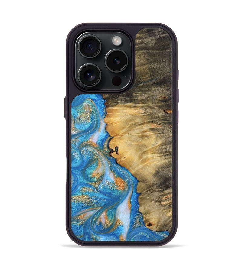 iPhone 16 Pro Wood Phone Case - Enis (Teal & Gold, 744424)