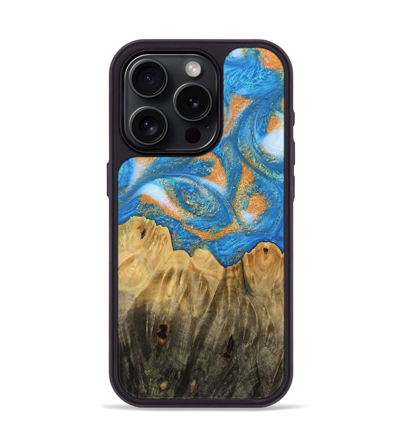 iPhone 15 Pro Wood Phone Case - Glori (Teal & Gold, 744459)