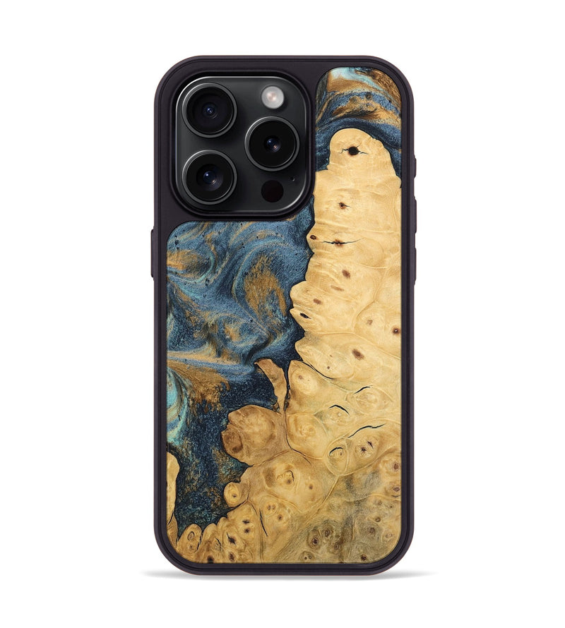 iPhone 15 Pro Wood Phone Case - Eluned (Teal & Gold, 744620)