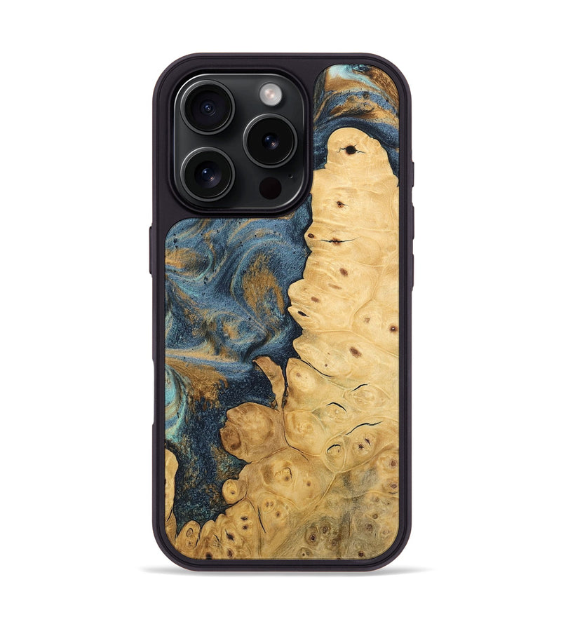 iPhone 16 Pro Wood Phone Case - Eluned (Teal & Gold, 744620)