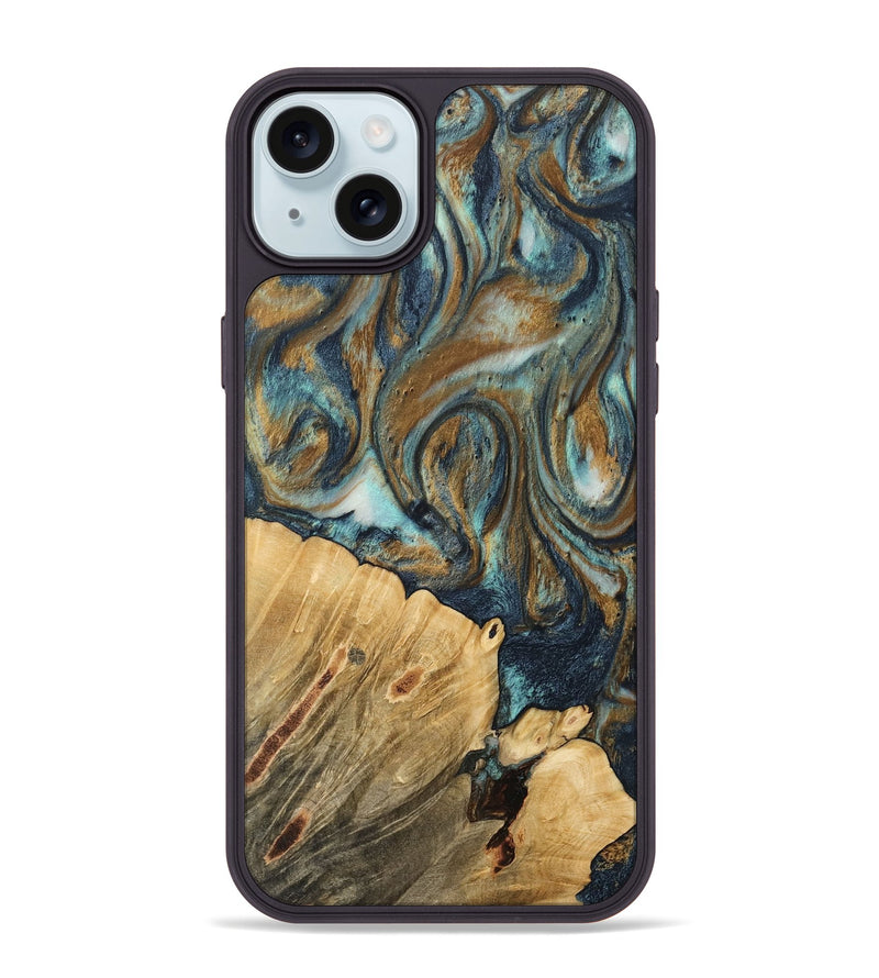 iPhone 15 Plus Wood Phone Case - Rozina (Teal & Gold, 744635)