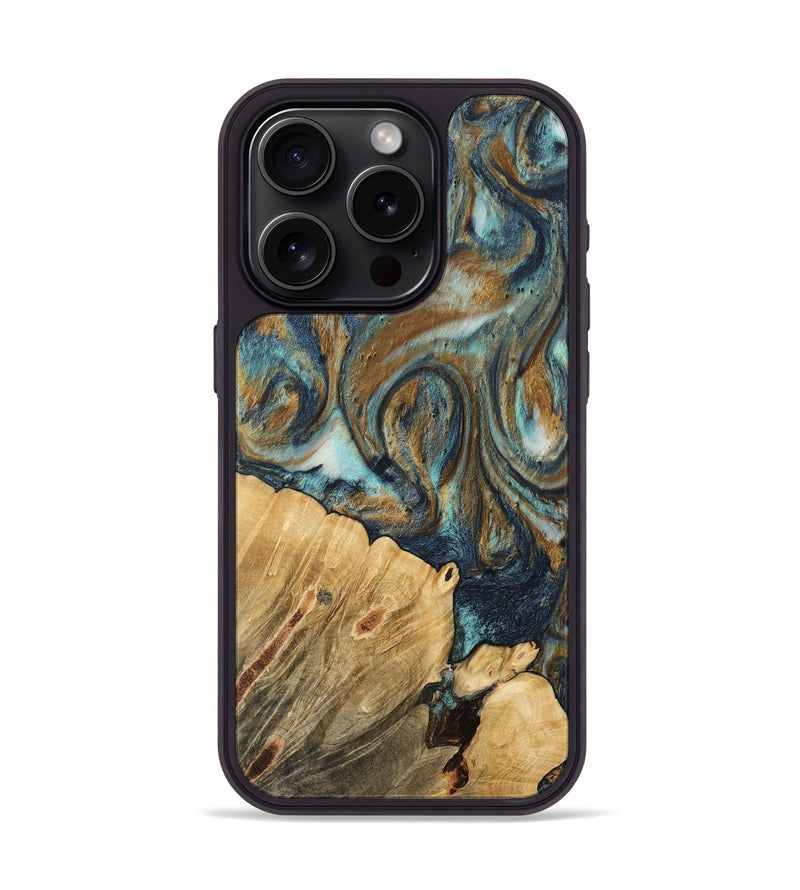 iPhone 15 Pro Wood Phone Case - Rozina (Teal & Gold, 744635)