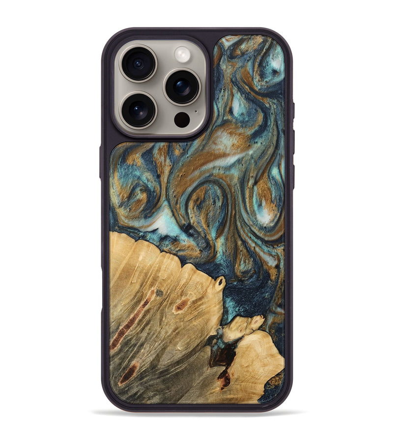 iPhone 16 Pro Max Wood Phone Case - Rozina (Teal & Gold, 744635)