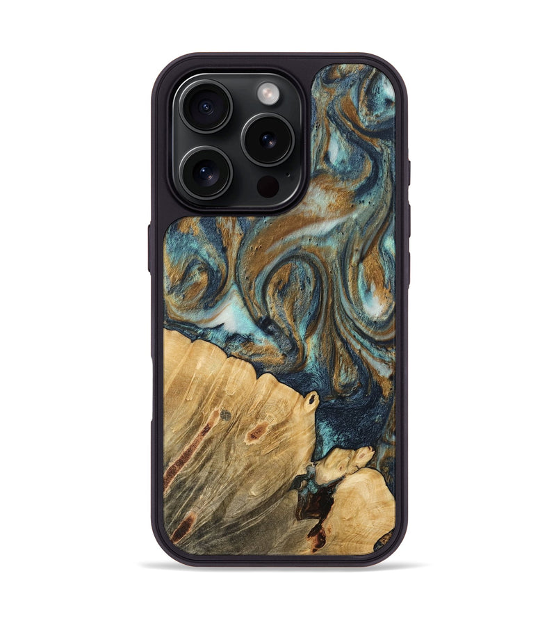 iPhone 16 Pro Wood Phone Case - Rozina (Teal & Gold, 744635)