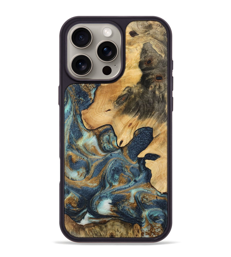 iPhone 16 Pro Max Wood Phone Case - Evon (Teal & Gold, 744637)