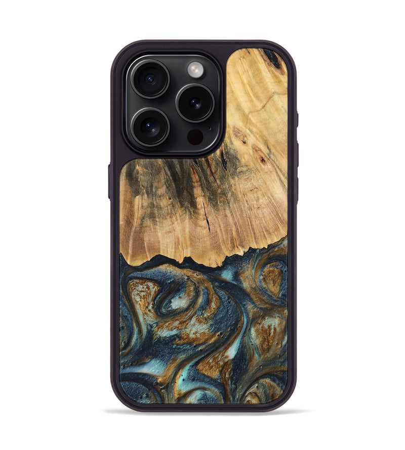 iPhone 15 Pro Wood Phone Case - Berger (Teal & Gold, 744646)