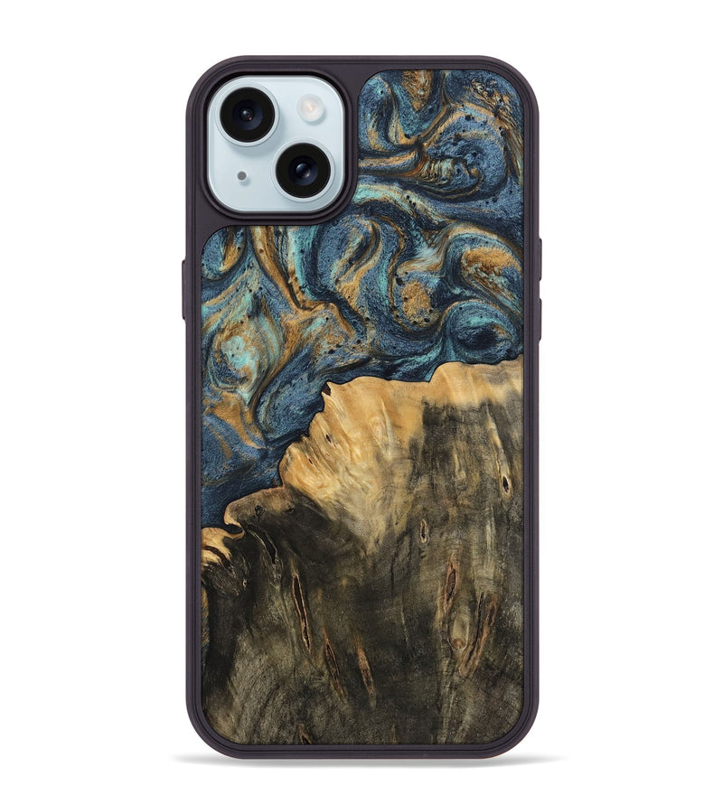 iPhone 15 Plus Wood Phone Case - Devinne (Teal & Gold, 744649)