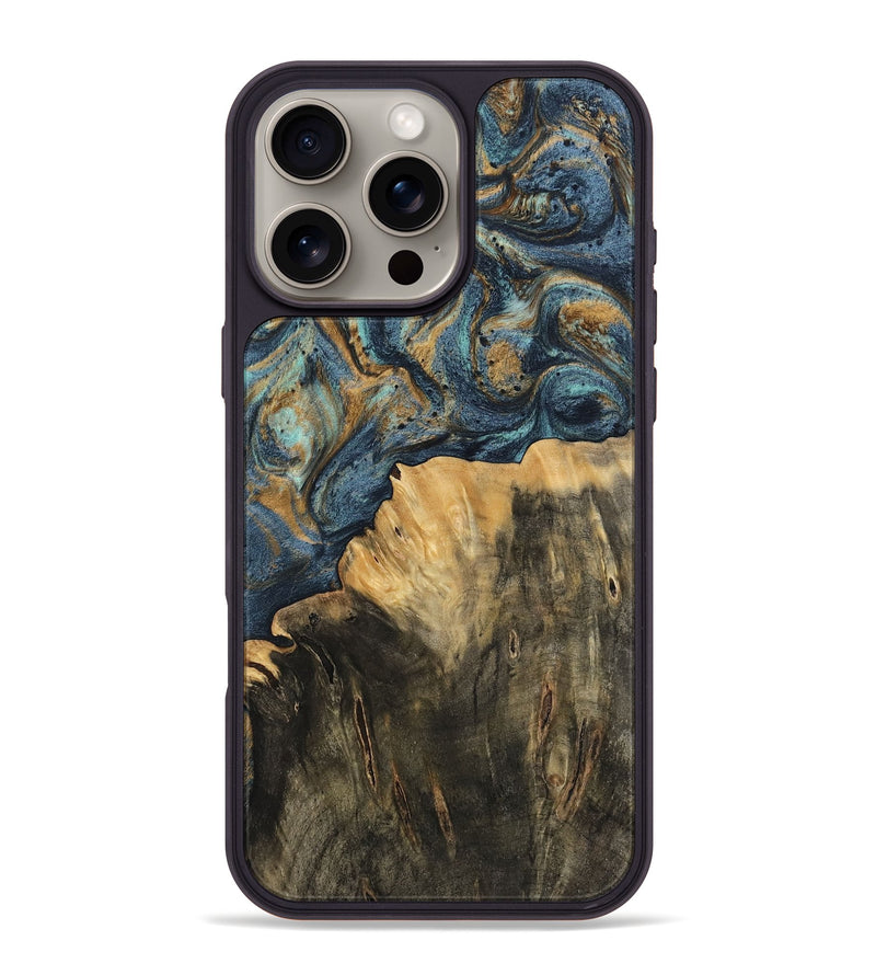 iPhone 16 Pro Max Wood Phone Case - Devinne (Teal & Gold, 744649)