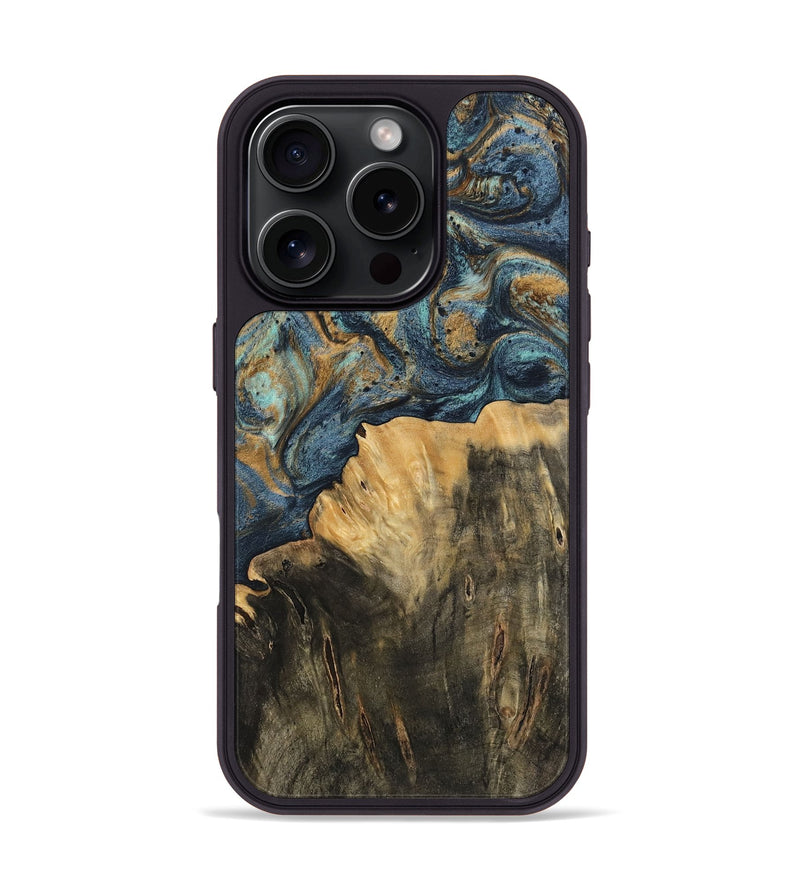 iPhone 16 Pro Wood Phone Case - Devinne (Teal & Gold, 744649)