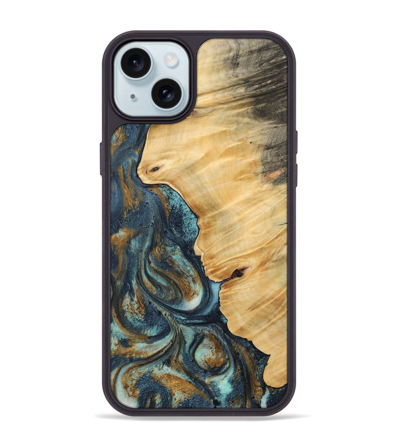 iPhone 15 Plus Wood Phone Case - Verile (Teal & Gold, 744651)