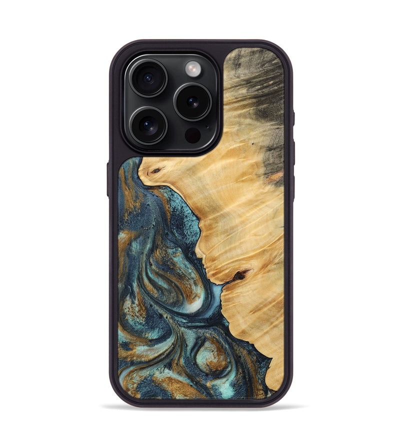 iPhone 15 Pro Wood Phone Case - Verile (Teal & Gold, 744651)