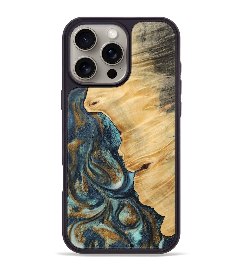 iPhone 16 Pro Max Wood Phone Case - Verile (Teal & Gold, 744651)