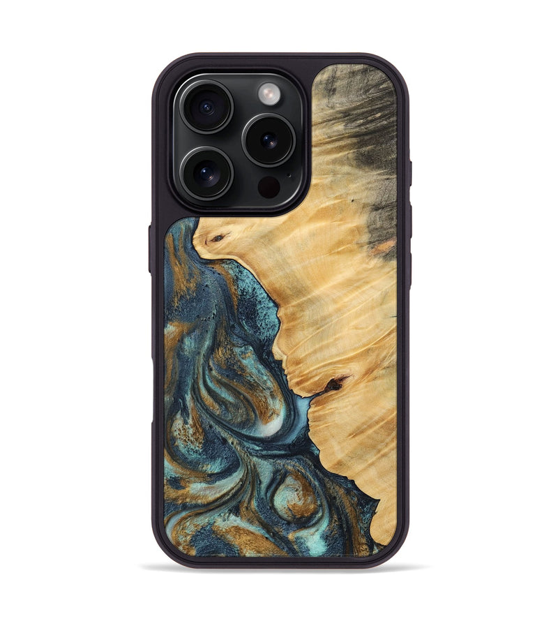 iPhone 16 Pro Wood Phone Case - Verile (Teal & Gold, 744651)