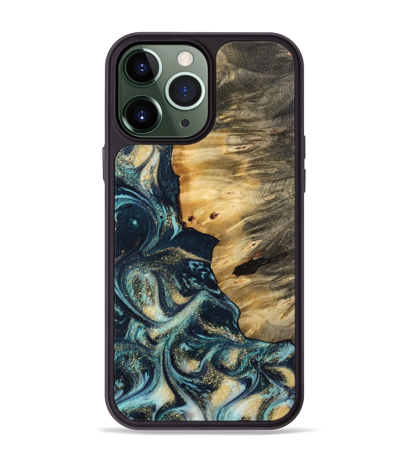 iPhone 13 Pro Max Wood Phone Case - Olimpia (Teal & Gold, 744702)