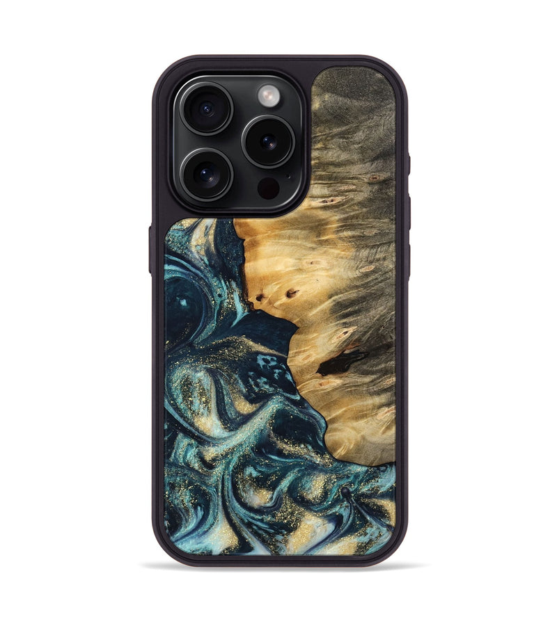 iPhone 15 Pro Wood Phone Case - Olimpia (Teal & Gold, 744702)