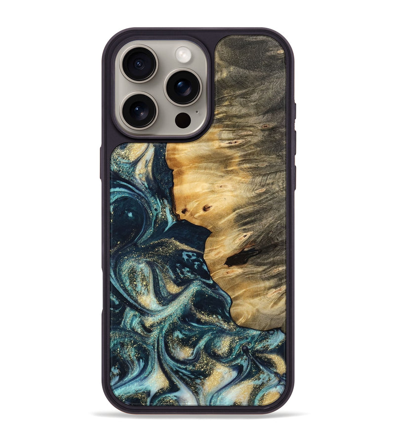 iPhone 16 Pro Max Wood Phone Case - Olimpia (Teal & Gold, 744702)