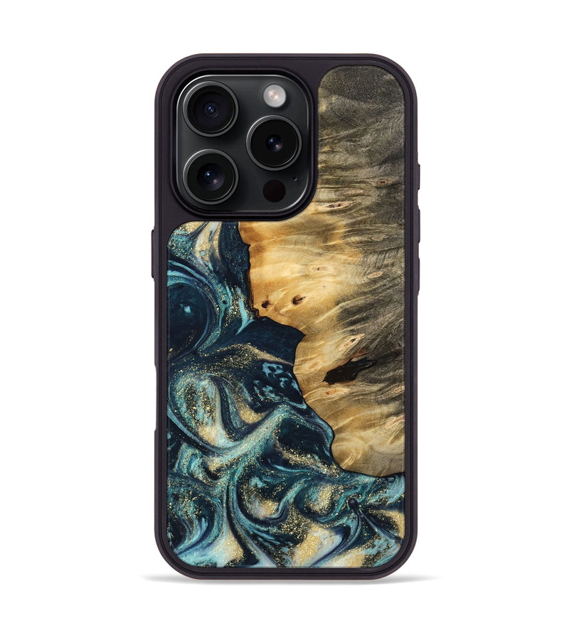 iPhone 16 Pro Wood Phone Case - Olimpia (Teal & Gold, 744702)