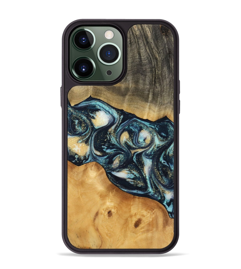 iPhone 13 Pro Max Wood Phone Case - Berna (Teal & Gold, 744707)