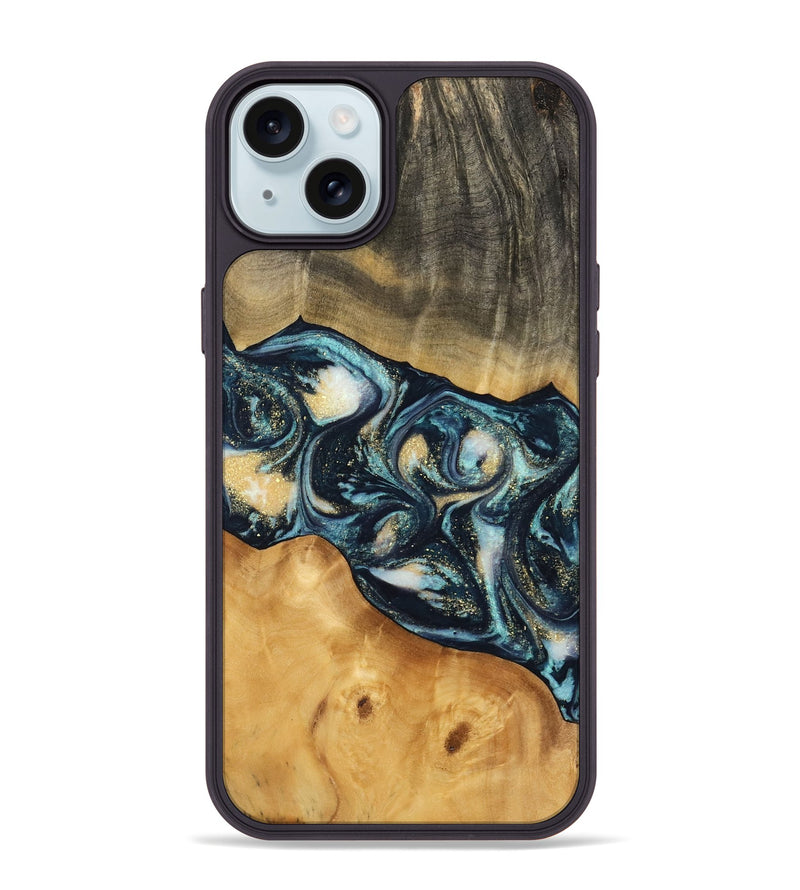 iPhone 15 Plus Wood Phone Case - Berna (Teal & Gold, 744707)