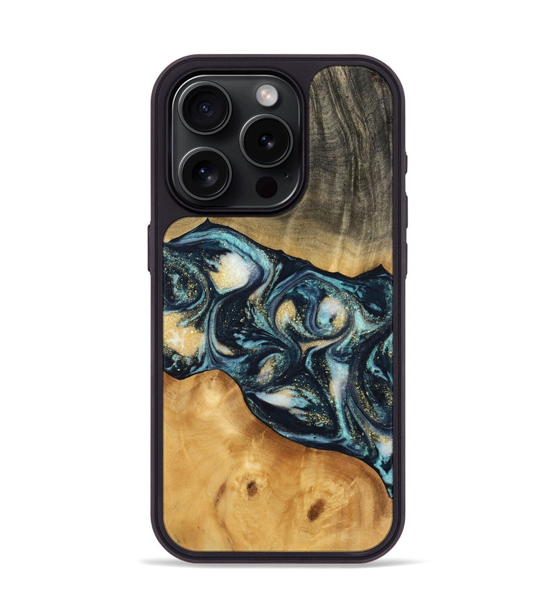 iPhone 15 Pro Wood Phone Case - Berna (Teal & Gold, 744707)