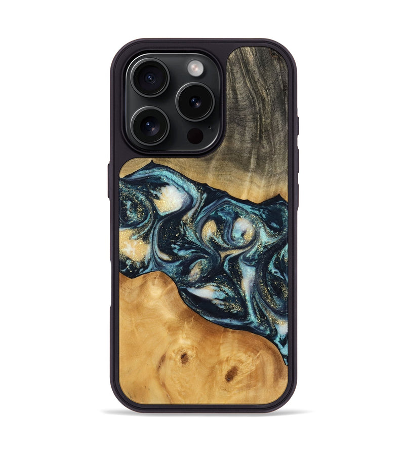 iPhone 16 Pro Wood Phone Case - Berna (Teal & Gold, 744707)