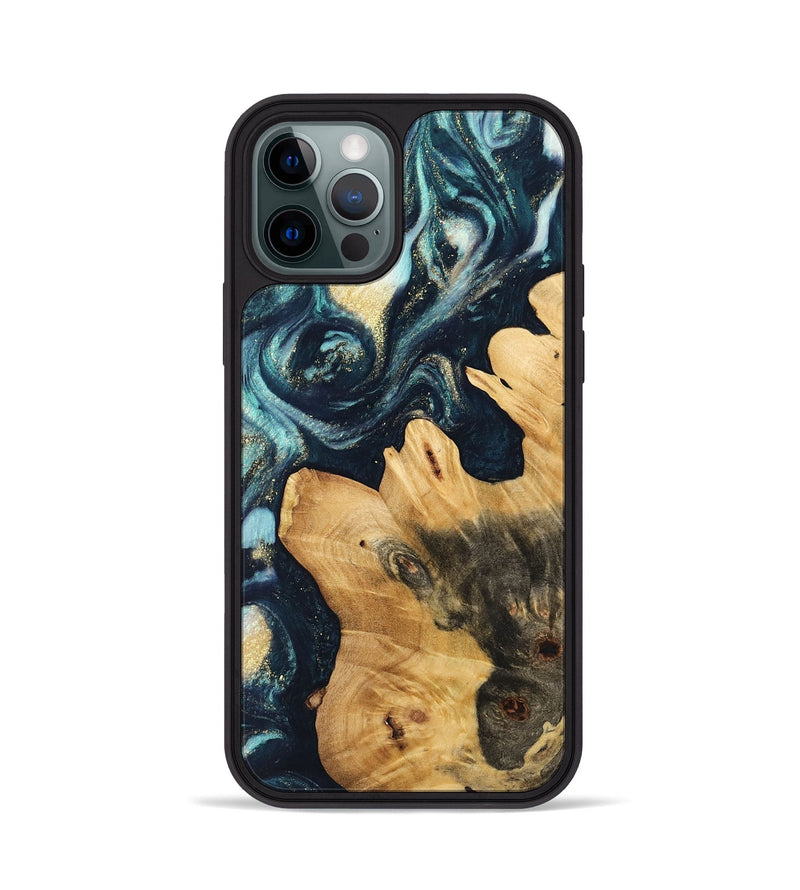 iPhone 12 Pro Wood Phone Case - Emelda (Teal & Gold, 744708)