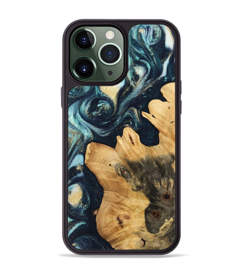 iPhone 13 Pro Max Wood Phone Case - Emelda (Teal & Gold, 744708)