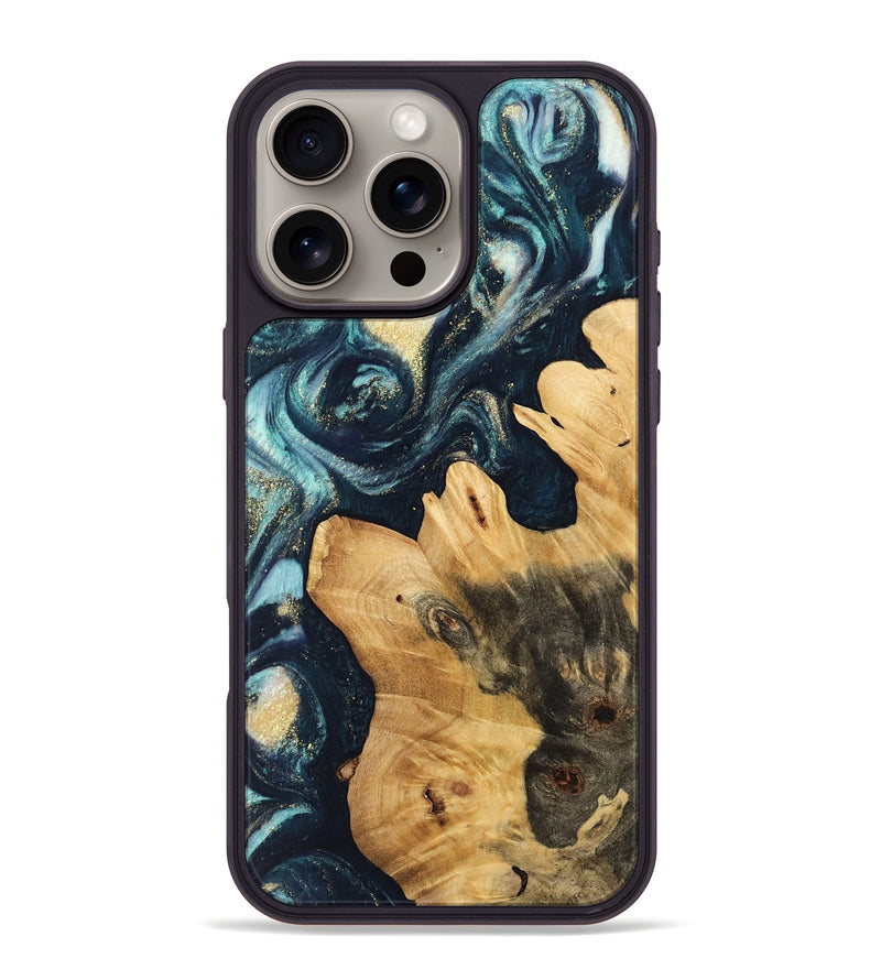 iPhone 16 Pro Max Wood Phone Case - Emelda (Teal & Gold, 744708)