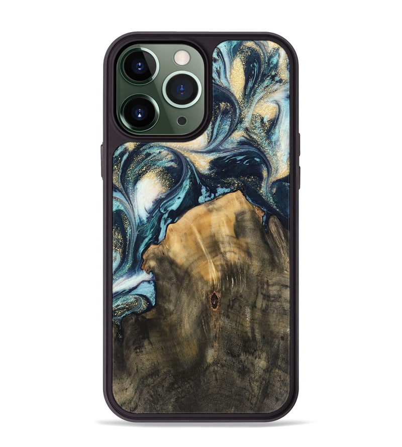 iPhone 13 Pro Max Wood Phone Case - Charo (Teal & Gold, 744713)