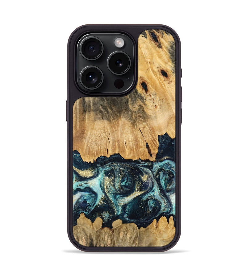 iPhone 15 Pro Wood Phone Case - Verdell (Teal & Gold, 744718)