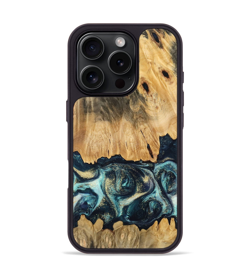 iPhone 16 Pro Wood Phone Case - Verdell (Teal & Gold, 744718)