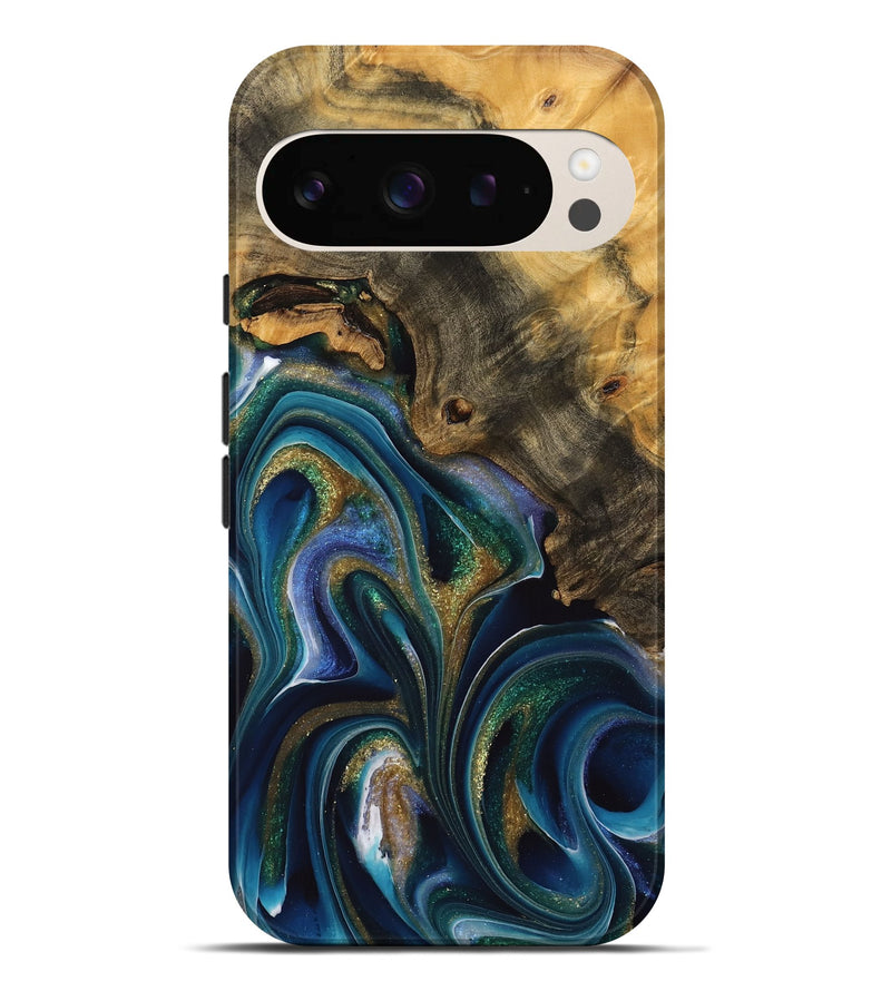 Pixel 9 Pro XL Wood Live Edge Phone Case - Athar (Teal & Gold, 744743)