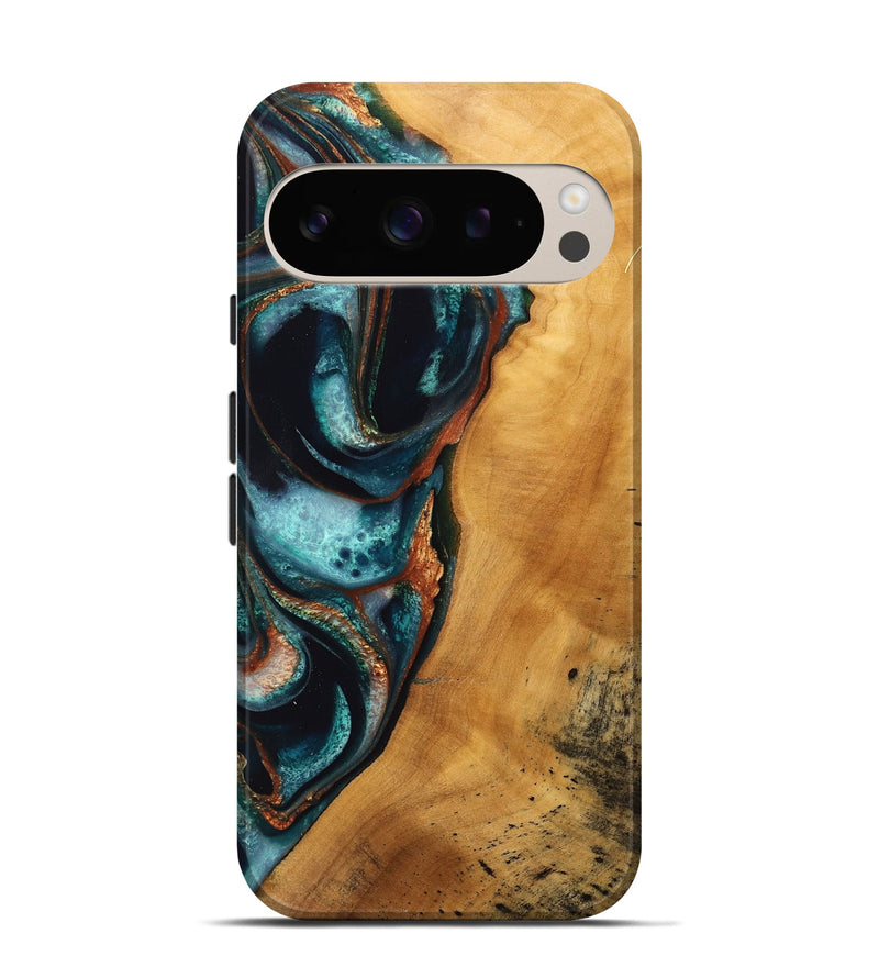 Pixel 9 Wood Live Edge Phone Case - Salli (Teal & Gold, 744752)