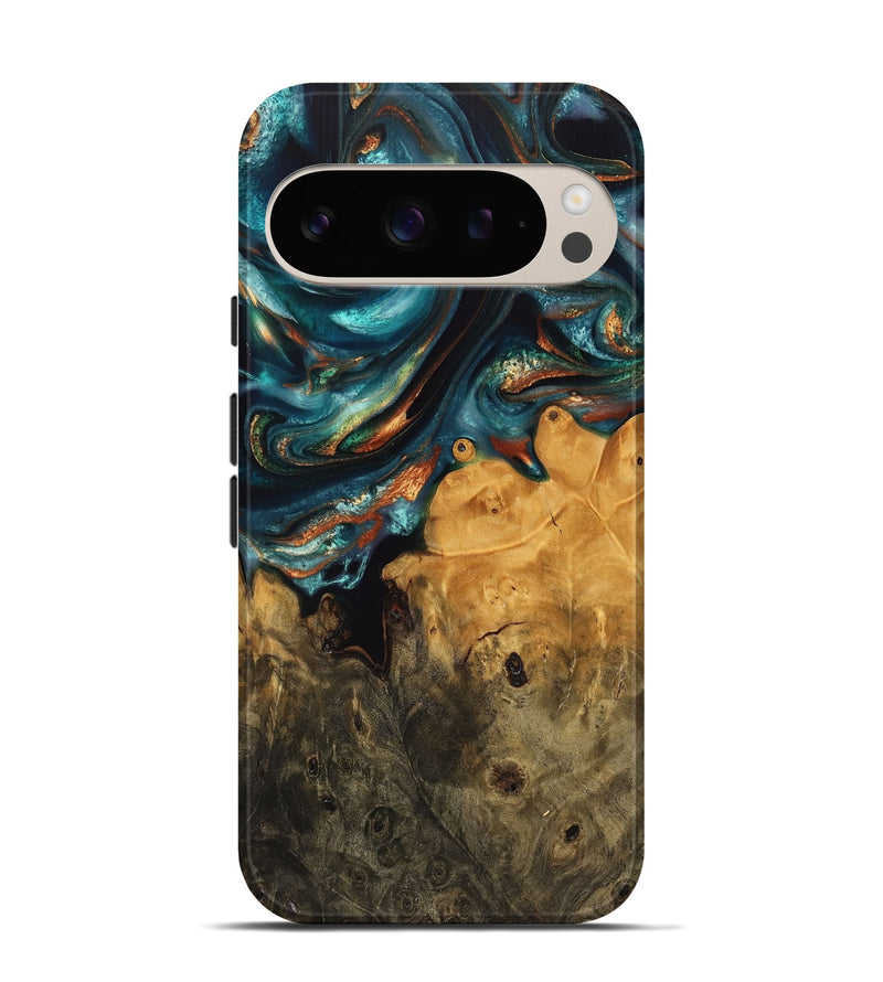 Pixel 9 Wood Live Edge Phone Case - Franny (Teal & Gold, 744761)