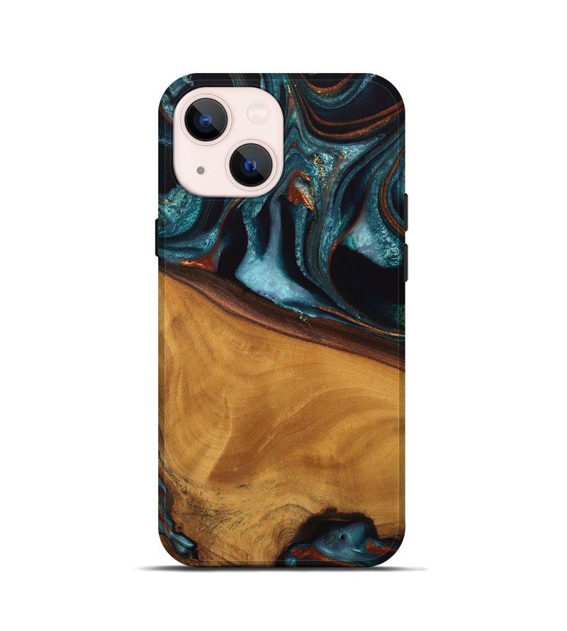 iPhone 13 mini Wood Live Edge Phone Case - Brea (Teal & Gold, 744762)